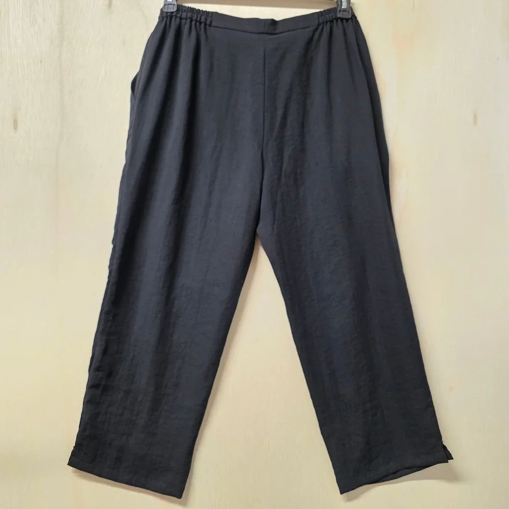 Fridaze Black 100% Linen Straight‎ Leg Elastic Waist Crop Pants Large Hong Kong